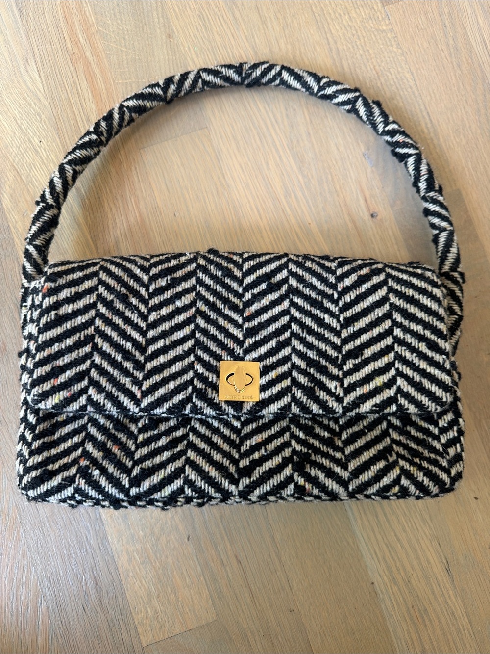Anine Bing Nico Woven Black and Cream Shoulder Bag with Gold Accent